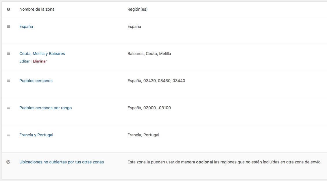configuracion de las zonas de envio en table rate shipping con las diferentes opciones 2