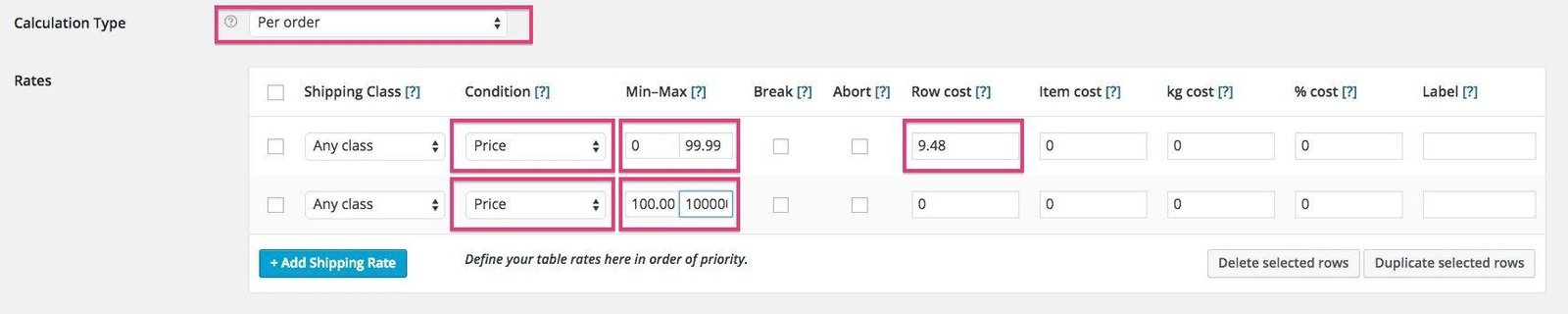 Configuracion para envios a baleares de tabel rate shipping