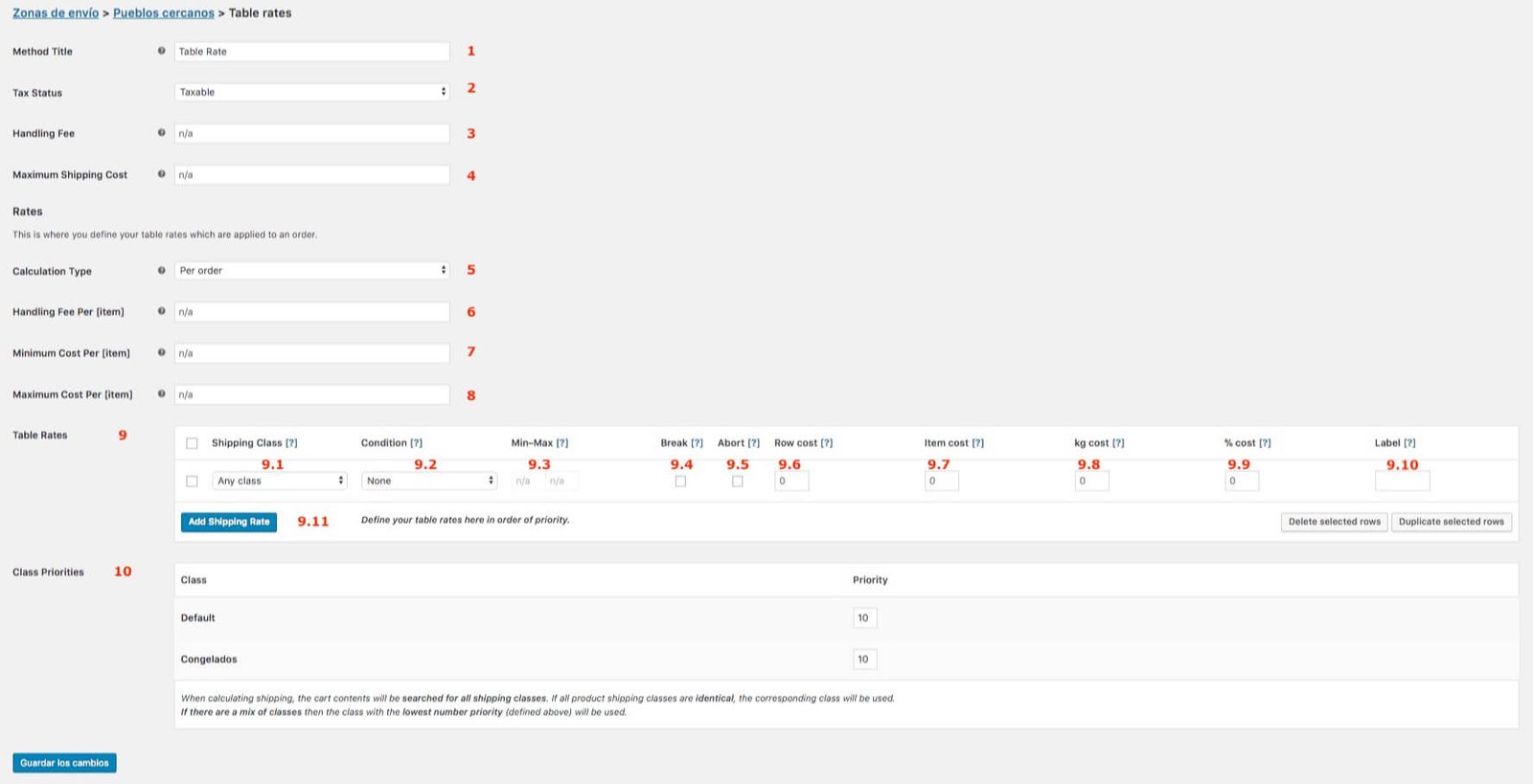 configuración de Table Rate Shipping- pantalla de los metodos de envio y las tabals de tarifas en table rate shipping para woocmmerce version 3.0 o superior