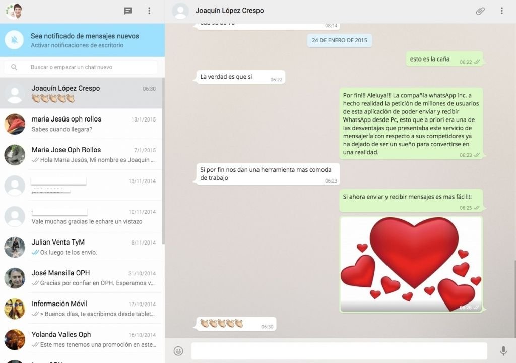 pantalla de whatapp web de envio y recibo de mensajes de whasapp desde movil a pc ordenador