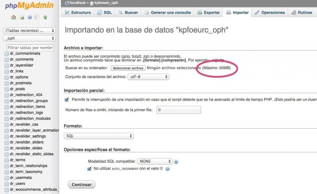 como importar una base de datos sql de mas de 50 mb desde cpanel