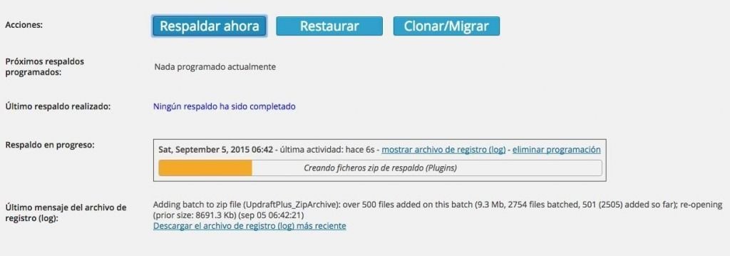 proceso de creación de base de datos del puglin updraftplus