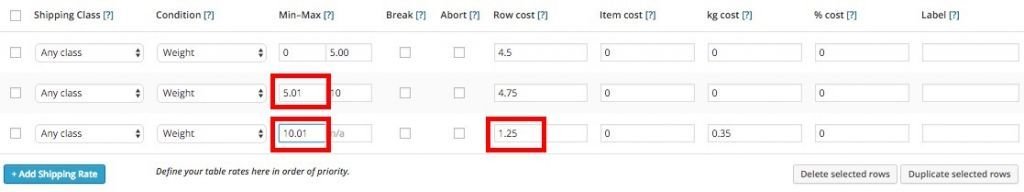 cobrar un importe adicional por Kg extra a partir de un peso fijo en table rate shipping