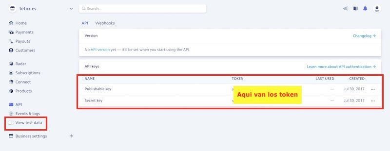 pantalla de donde ver los token de stripe españa apara activar woocommerce