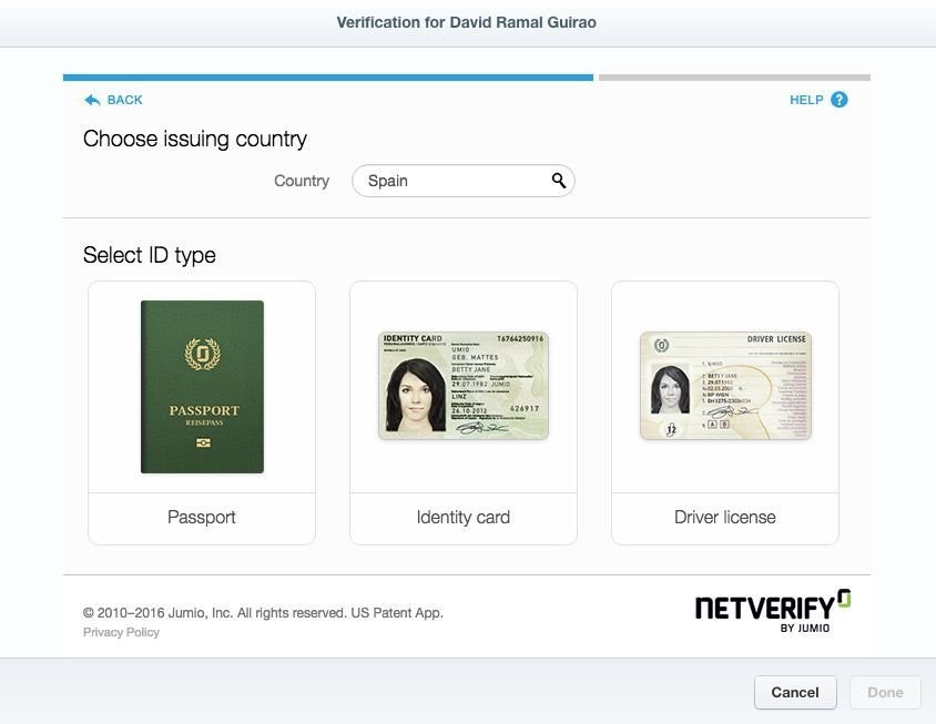 seleccion de documento de identidad en stripe para la verificación de la cuenta
