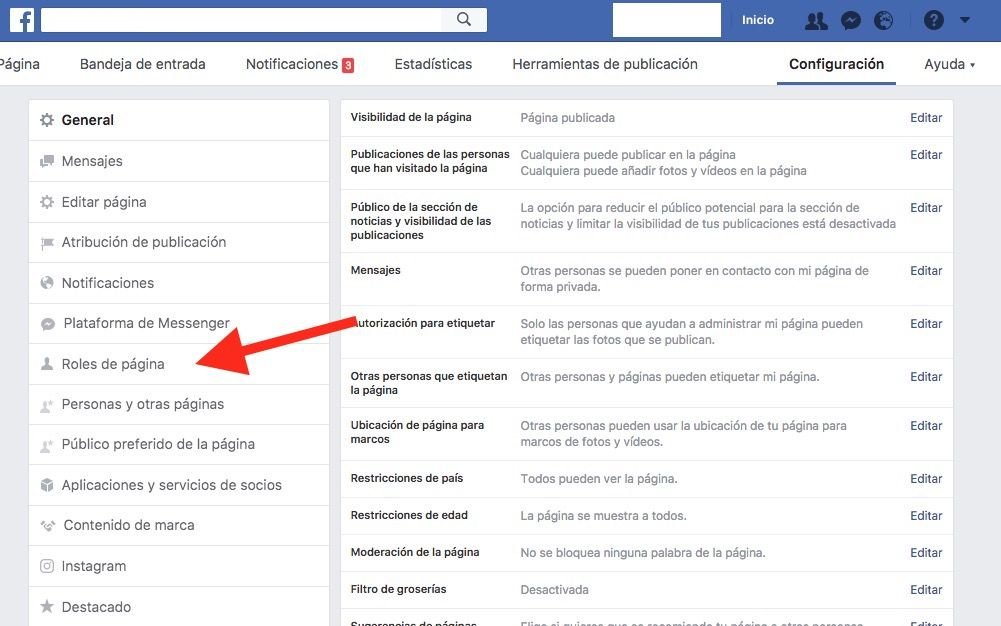 Donde esta los roles de pagina de las paginas de facebook