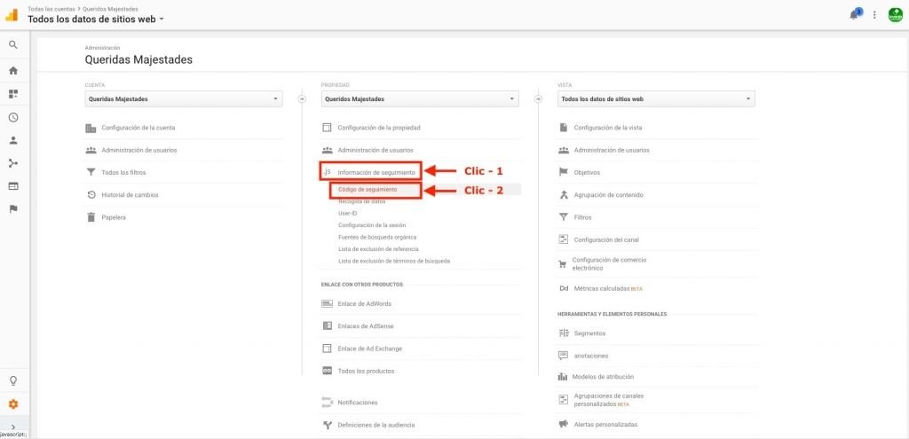 Donde pulsar para obtener el código de seguimineto de google analytics y poder insertarlo en mi web