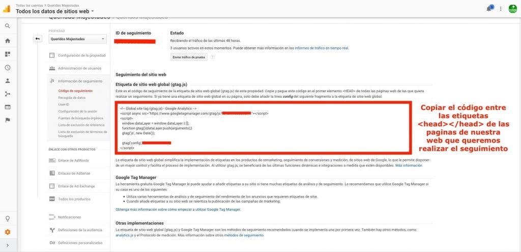 donde esta el código de seguimineot en google analytics