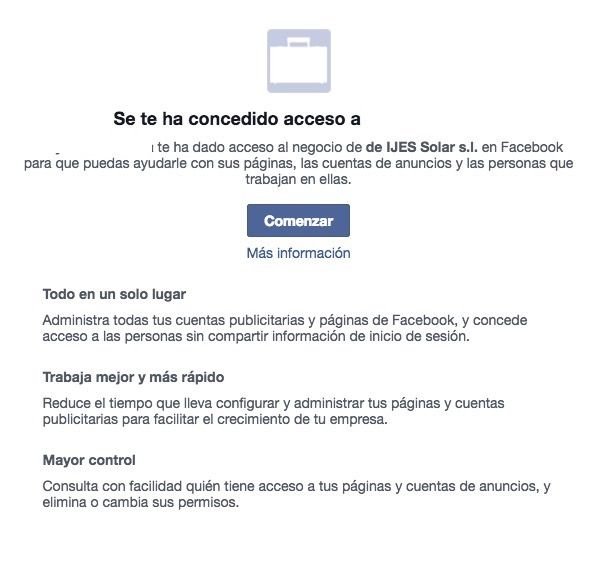 email de confirmación del acesso a las cuentas de business manager de nuestro cliente