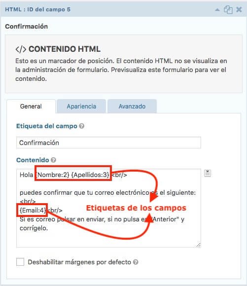 Campos completados con la estructura en la caja del campo estandar html de los formuarios gravity form