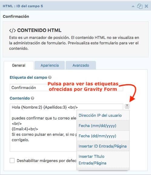 Etiqetas ofrecidas por gravity form para añadir información variable en los formularios