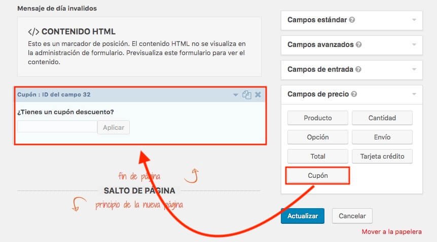 Configuracion del campo cupones en gravity forms para realizar descuentos desde un formulario.